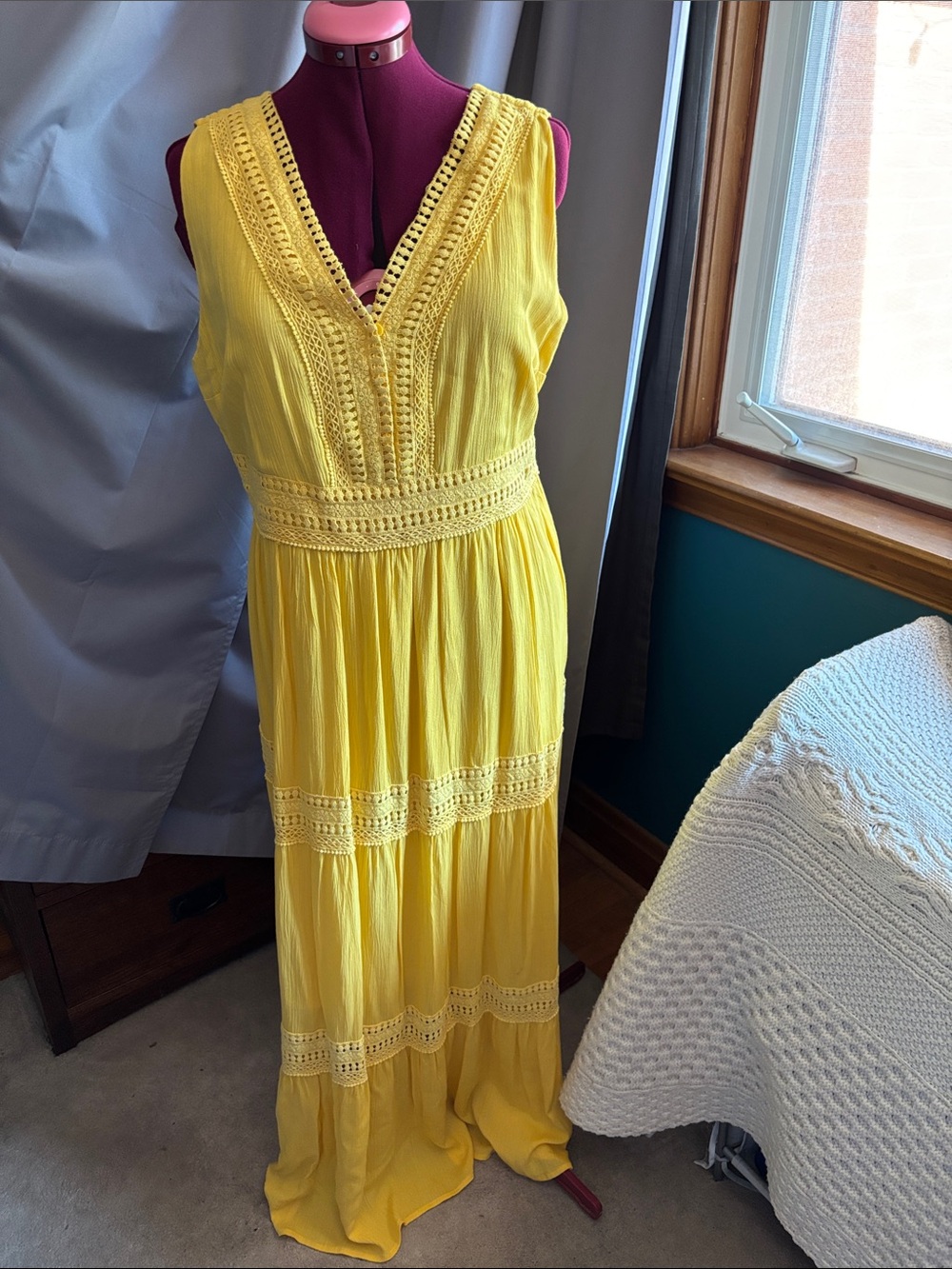 NWT tiered yellow maxi dress with crochet trim